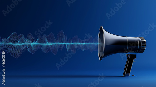 Modern Megaphone with Digital Sound Wave – Blue Background Communication, Broadcasting, and Marketing Concept