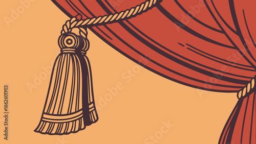 Close-up of a red velvet drape with decorative tassel on a orange  background.