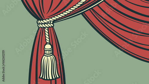 Close-up of a red velvet drape with decorative tassel on a green  background.