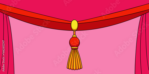 Close-up of a red velvet drape with decorative tassel on a pink background.