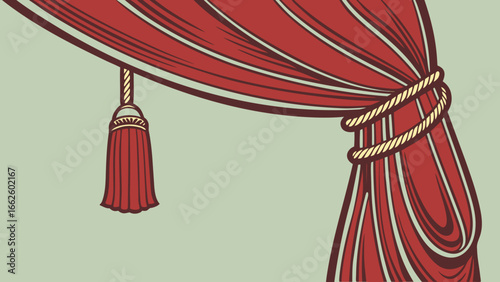 Close-up of a red velvet drape with decorative tassel on a green  background.