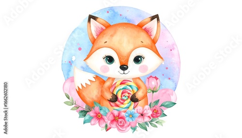Cute Watercolor Fox with Lollipop and Floral Border