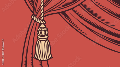 Close-up of a red velvet drape with decorative tassel on a red background.