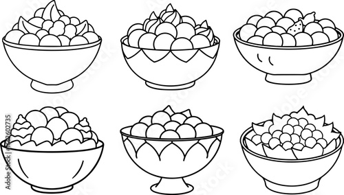 Set of bowl of frozen fruit outline vector illustration line art