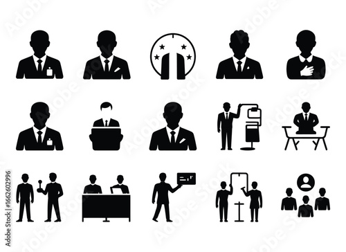 Collection of Black and White Business Icons Representing Leadership Professionalism and Communication skills