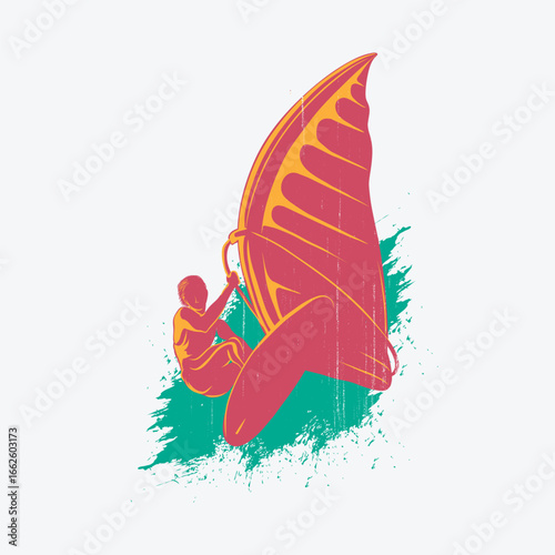 Windsurfer riding a red and yellow sail over teal splash graphic windsurfing water sport