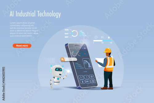 AI robot assist engineering man monitor and control industrial dashboard networking on smartphone. Artificial Intelligence innovation technology in manufacturing and industry. Vector.