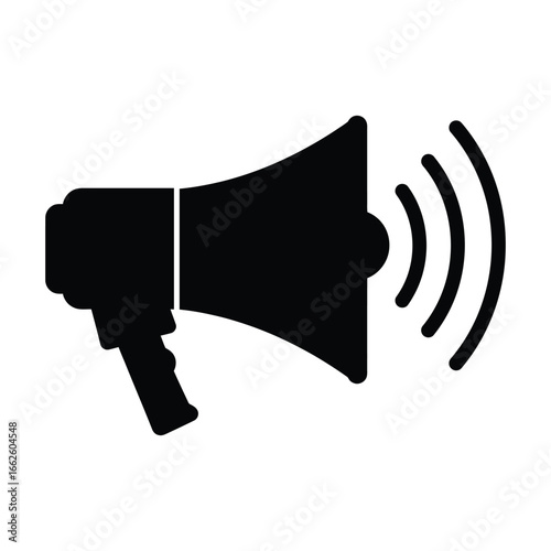 Black silhouette of a megaphone emitting sound waves, representing communication and announcements, isolated on a
