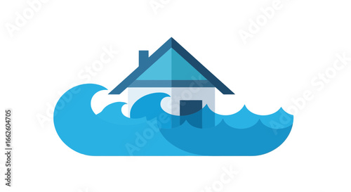Flat Vector Illustration of a House Flooded by Water. Ideal for visualizing flood damage, insurance claims, environmental awareness campaigns, or weather-related disaster preparedness.
