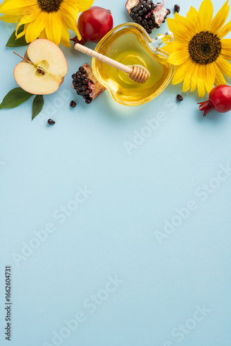 Canvas Print Rosh Hashanah vertical symbols including honey, apples, and pomegranate, framed
