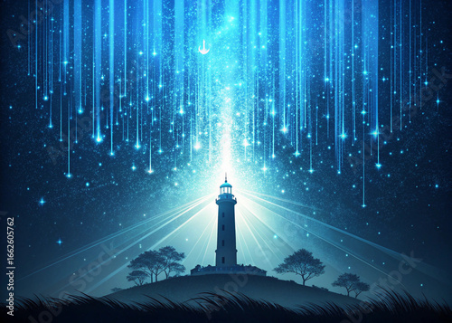 Lighthouse beam shining through a digital rain of blue light and particles