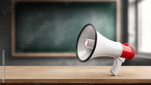 White Megaphone with Red Detail on Wooden Desk – Education Communication Announcement Concept