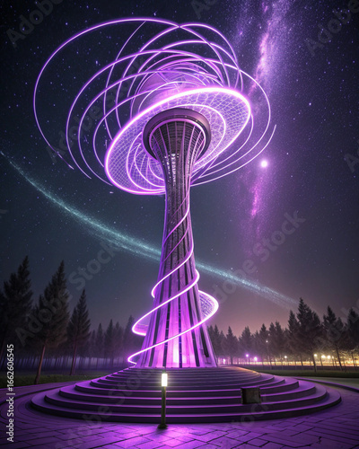 Futuristic glowing purple energy tower with swirling lights against a starry night sky