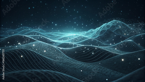 Abstract digital landscape with glowing particles and mountainous terrain