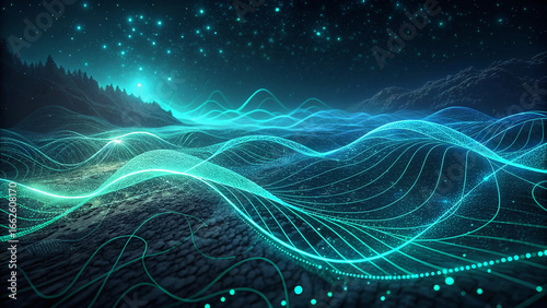 Abstract digital landscape with glowing neon lines and data points