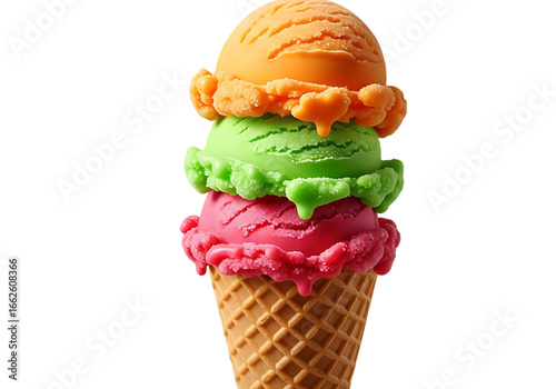 Three scoops of colorful ice cream in a waffle cone, isolated on transparent background
