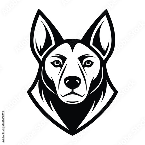 A clean, symmetrical, and stylized logo of a dog's head, on a solid background