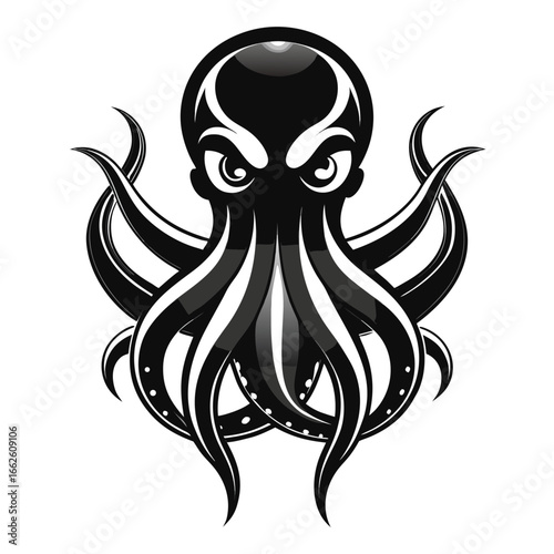 A unique, symmetrical, and isolated logo of a transparent glass octopus's head