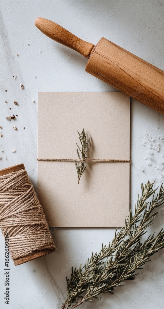 Obraz premium Light beige card tied with twine, rosemary sprig, rolling pin