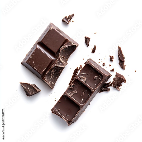Broken dark chocolate bar, pieces scattered