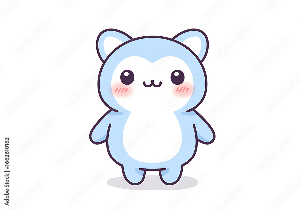 Naklejka premium Cute cartoon illustration of a blue animal with big eyes, rosy cheeks, and small ears, standing upright.