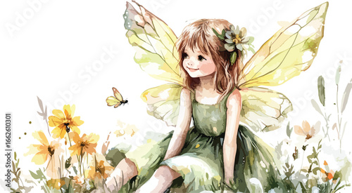 Whimsical watercolor illustration of a sweet young fairy with delicate wings sitting amongst wildflowers and a butterfly