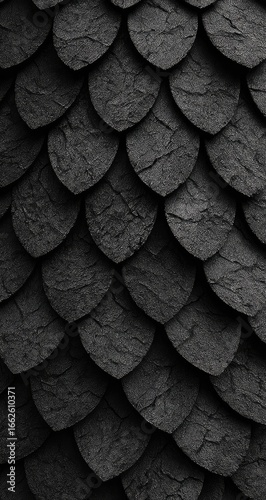 Close-up view of dark gray, overlapping, scaled surface
