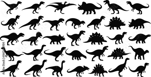 Dinosaur silhouettes collection, prehistoric species, stegosaurus triceratops pterosaur, fossil reptile, vector illustration, nature art, paleontology icon, extinct creature, Jurassic design