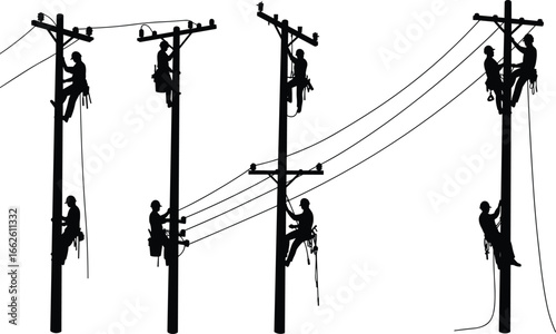 Electric linemen working on power poles, climbing utility poles, performing maintenance, repairing power lines, using safety harnesses, teamwork in electrical repair, outdoor utility workers.