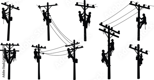 Multiple electrical linemen climbing utility poles, performing maintenance, repairing power lines, teamwork, safety harnesses, outdoor electrical work, high voltage, professional utility workers, 
