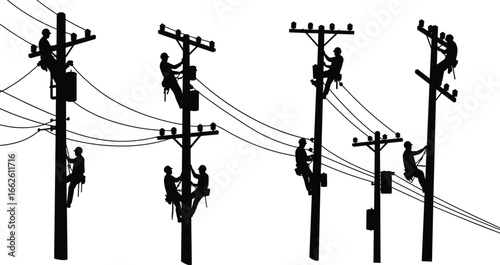 Group of electrical linemen climbing utility poles, repairing power lines, teamwork in high voltage maintenance, safety harnesses, outdoor electrical work, professional utility workers.