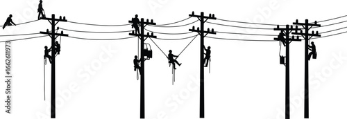 Silhouettes of multiple electrical linemen working on utility poles, climbing, repairing power lines, wearing safety gear, outdoor maintenance, teamwork, high voltage