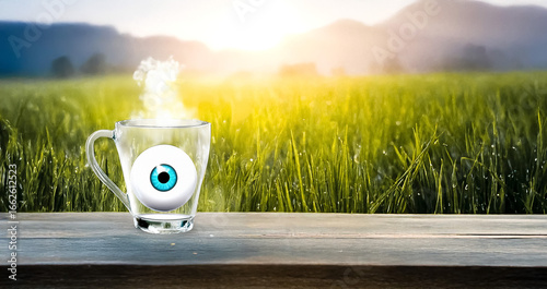 eye in cup of coffee with green grass background