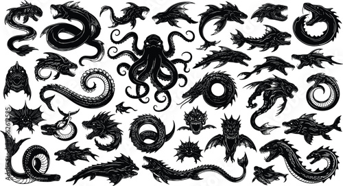 Sea monster silhouettes, mythical aquatic creatures, kraken dragon serpent, fantasy beast, ocean legend, vector illustration, marine folklore, creature design, nautical art, deep‑sea predator