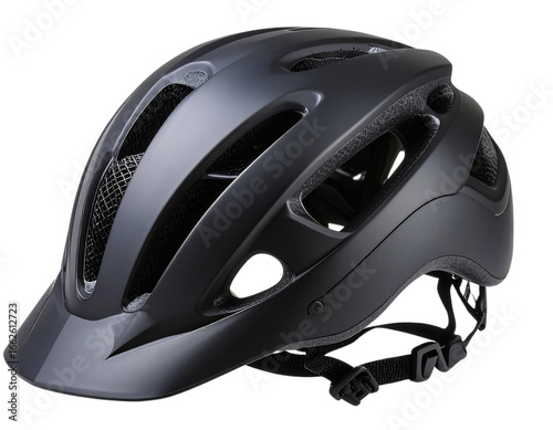 Matte black bicycle helmet for safety on transparent background