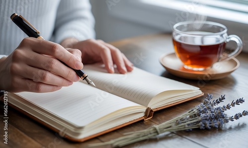 Close-up of a person's hands writing in a journal with a fountain pen, accompanied by a cup of tea and lavender, conveying a calm