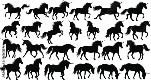 Unicorn silhouettes collection, fantasy horse poses, mythical creature, magic animal, vector illustration, nature art, fairytale design, wildlife icon, legend symbol, equine figure