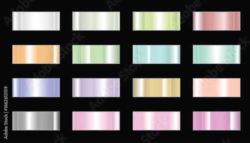 A palette of 16 metallic color swatches set against a black background.
