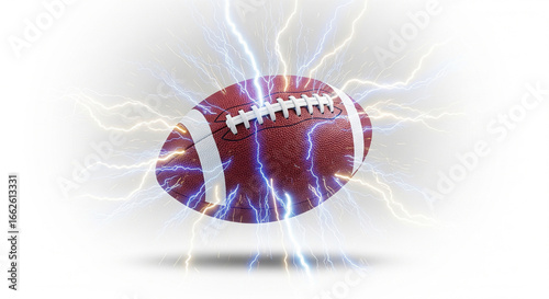 A close up of an american football with white stripes surrounded by blue and yellow lightning bolts