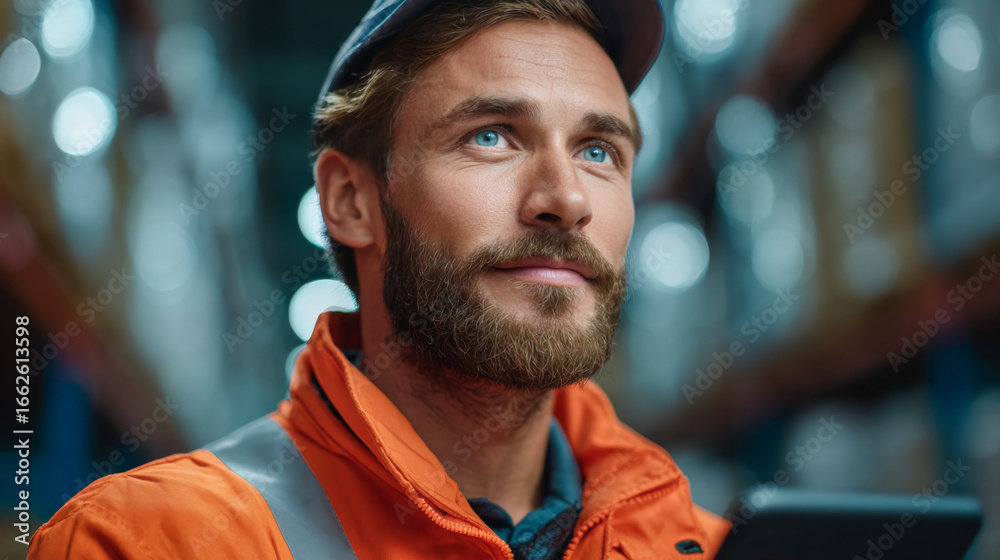 Fototapeta premium Industrial Engineer's Vision: An industrial engineer, with determined gaze and thoughtful expression, stands amidst an industrial setting, suggesting ambition and intellect.