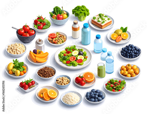 Diverse healthy foods and supplements arranged circularly for optimal nutrition and wellness