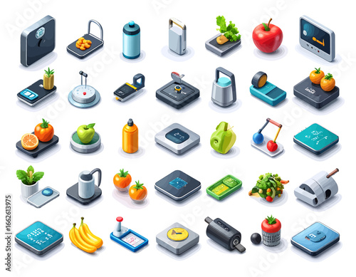 Isometric Collection of Smart Health, Nutrition, and Fitness Devices for a Modern Lifestyle