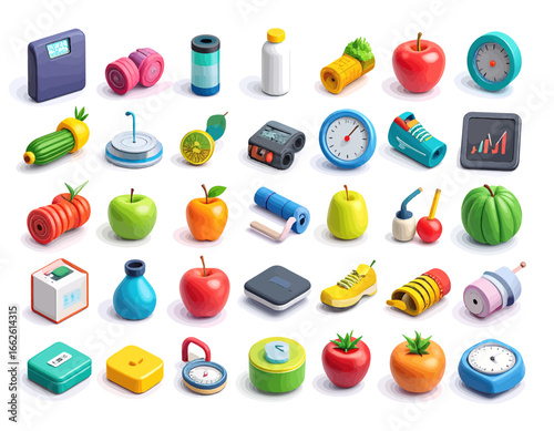 Vibrant collection of 3D isometric icons representing health, fitness, and balanced nutrition for modern living