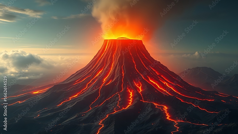 Fototapeta premium A massive volcanic plug glowing with contained energy, restrained by geometric force fields.