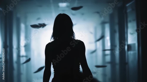 Silhouette of a person walking in a hazy corridor