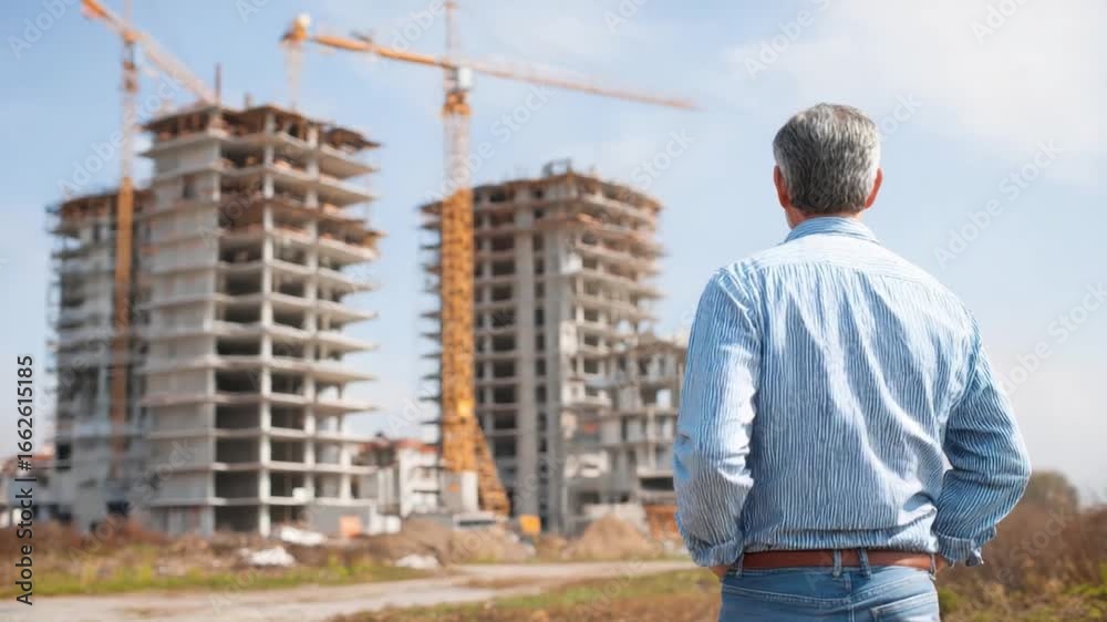 Vision of the Future: A seasoned architect surveys an active construction site, embodying experience and foresight amid the framework of new buildings and cranes against a bright daylight. Vision of the Future: A seasoned architect surveys an active construction site, embodying experience and foresight amid the framework of new buildings and cranes against a bright daylight.