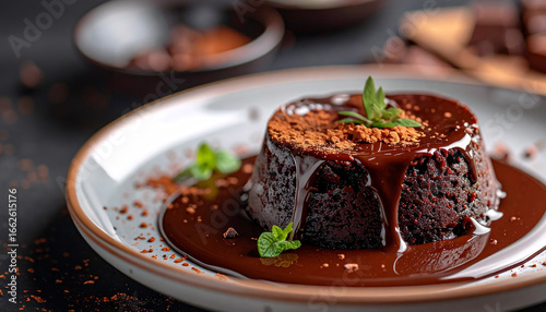 Decadent chocolate lava cake with rich molten sauce and mint garnish