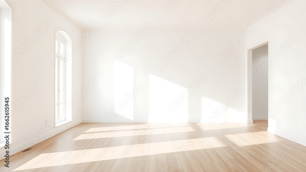 custom made wallpaper toronto digitalMinimalist living room with white walls and wooden flooring in natural diffused light.