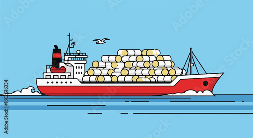 Vector illustration of a cargo freighter ship sailing on the sea. Maritime shipping and global logistics transportation concept.