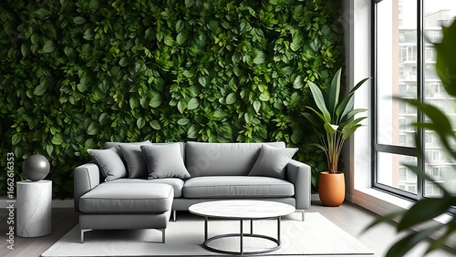 Wallpaper Mural Contemporary living space with minimalist grey sofa against a botanical green wall. Torontodigital.ca